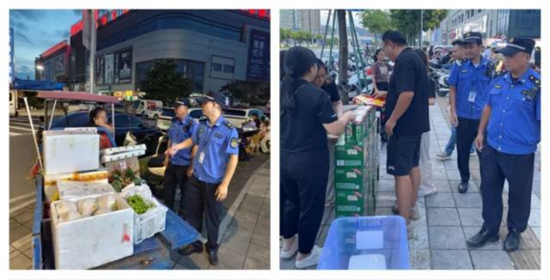 執(zhí)法部門聯(lián)合勸導(dǎo)周邊占道經(jīng)營(yíng)現(xiàn)象。